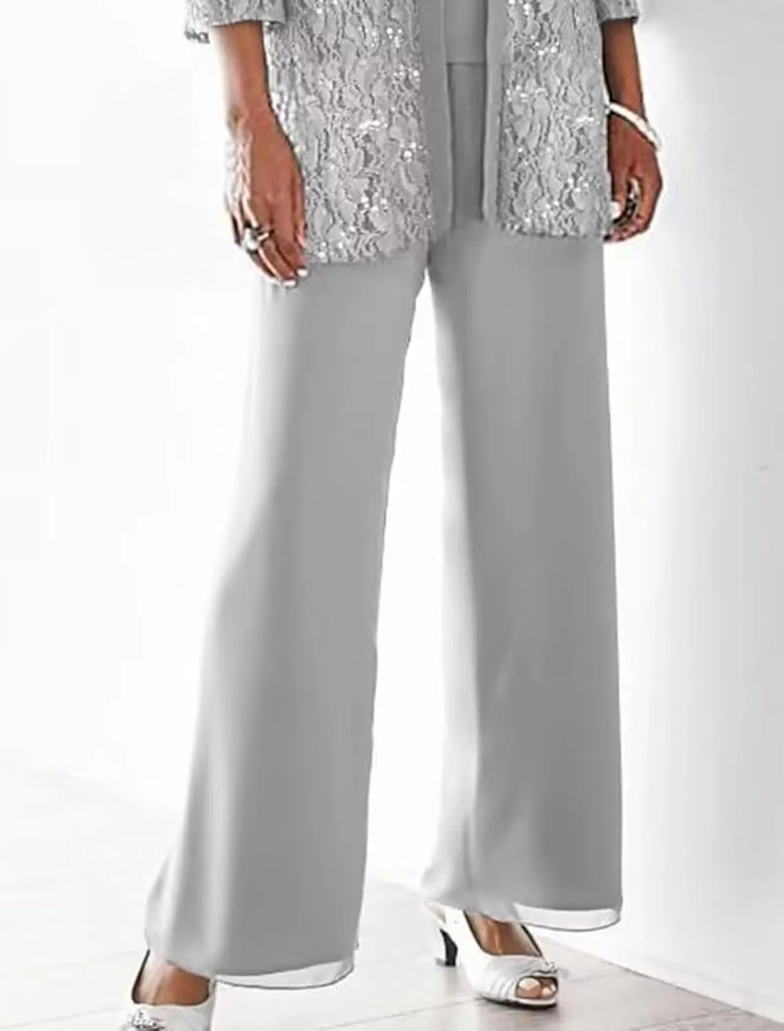 3 Pieces Mother of The Bride Pant Suits for Wedding with Jacket Laces Chiffon Formal Outfit Womens Jumpsuit