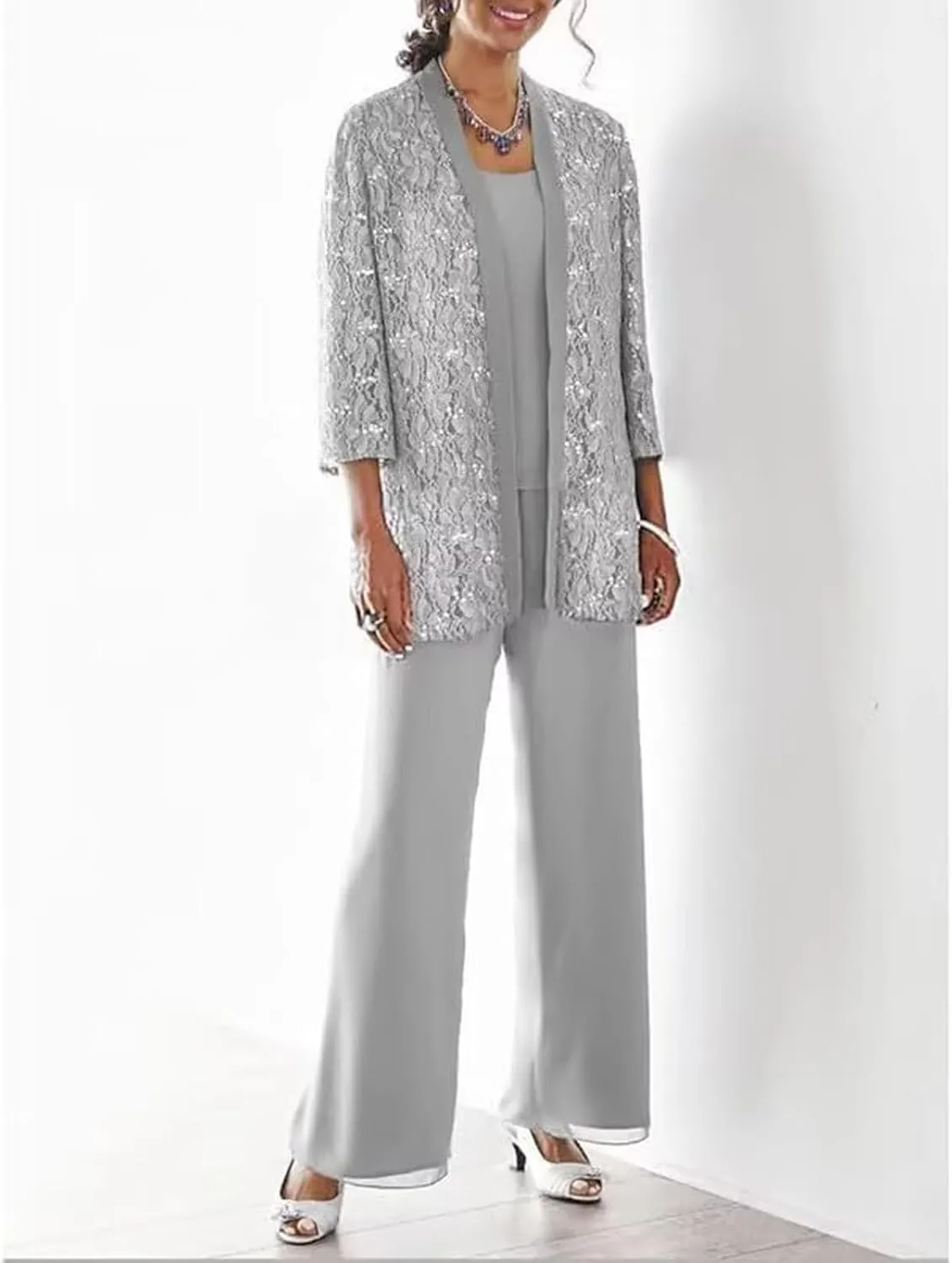 3 Pieces Mother of The Bride Pant Suits for Wedding with Jacket Laces Chiffon Formal Outfit Womens Jumpsuit