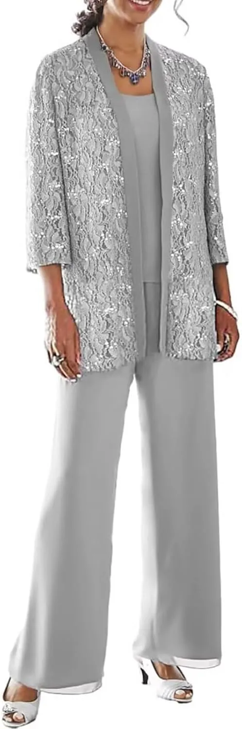 3 Pieces Mother of The Bride Pant Suits for Wedding with Jacket Laces Chiffon Formal Outfit Womens Jumpsuit