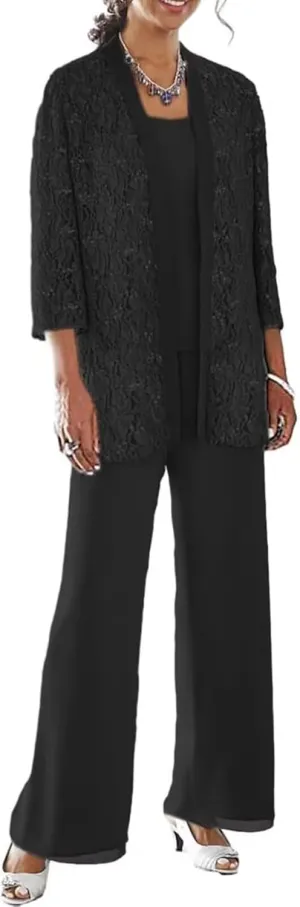 3 Pieces Mother of The Bride Pant Suits for Wedding with Jacket Laces Chiffon Formal Outfit Womens Jumpsuit
