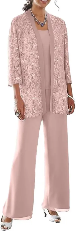 3 Pieces Mother of The Bride Pant Suits for Wedding with Jacket Laces Chiffon Formal Outfit Womens Jumpsuit