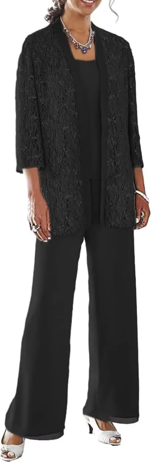 3 Pieces Mother of The Bride Pant Suits for Wedding with Jacket Laces Chiffon Formal Outfit Womens Jumpsuit