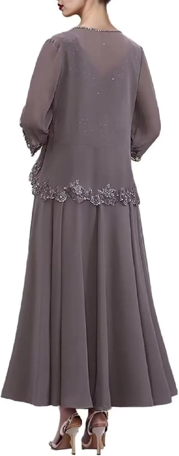 3/4 Sleeve Mother of The Bride Dresses with Jackets Beaded Sequin Lace Chiffon Formal Wedding Guest Dress