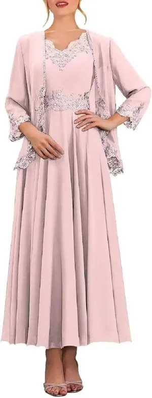 3/4 Sleeve Mother of The Bride Dresses with Jackets Beaded Sequin Lace Chiffon Formal Wedding Guest Dress