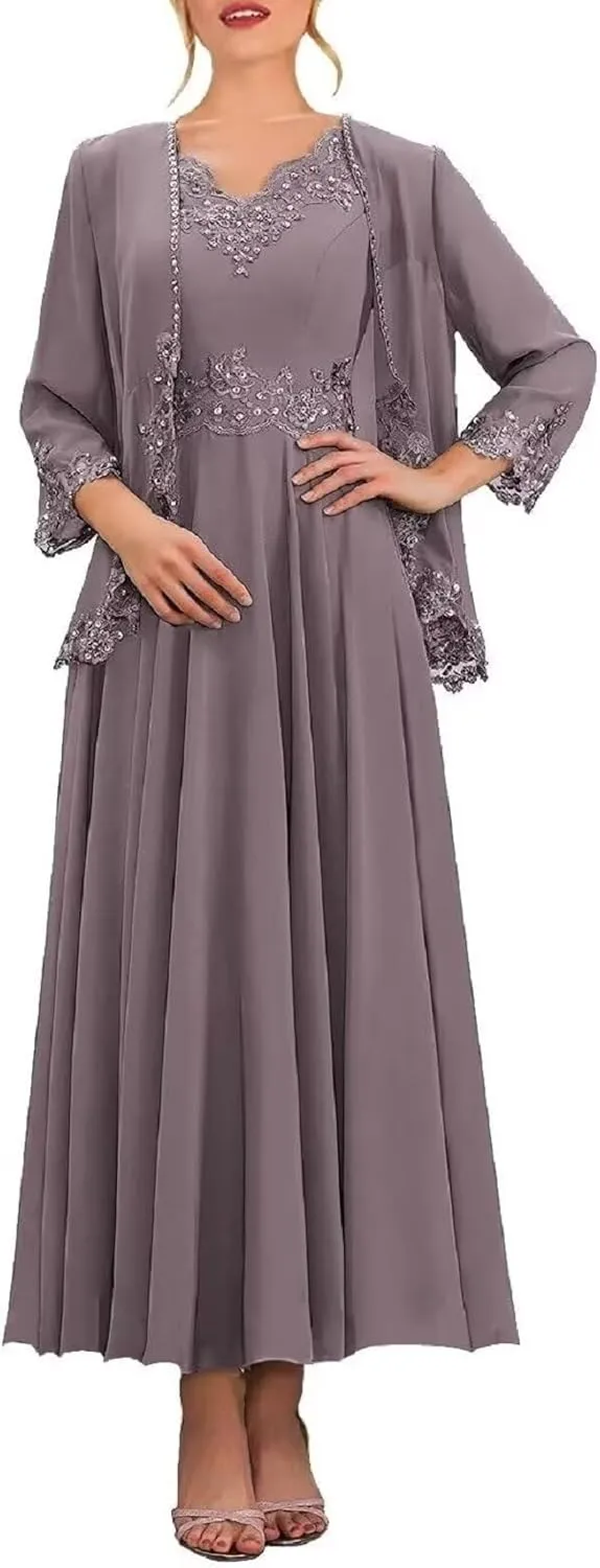 3/4 Sleeve Mother of The Bride Dresses with Jackets Beaded Sequin Lace Chiffon Formal Wedding Guest Dress