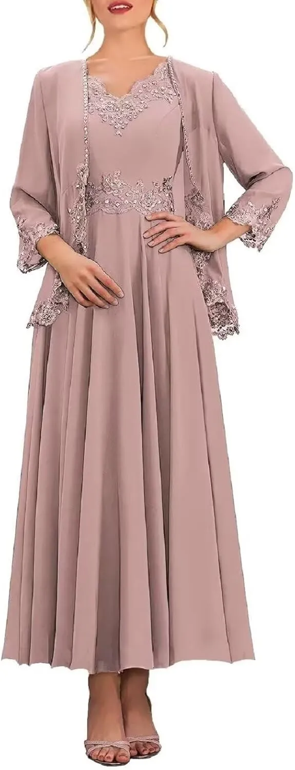 3/4 Sleeve Mother of The Bride Dresses with Jackets Beaded Sequin Lace Chiffon Formal Wedding Guest Dress