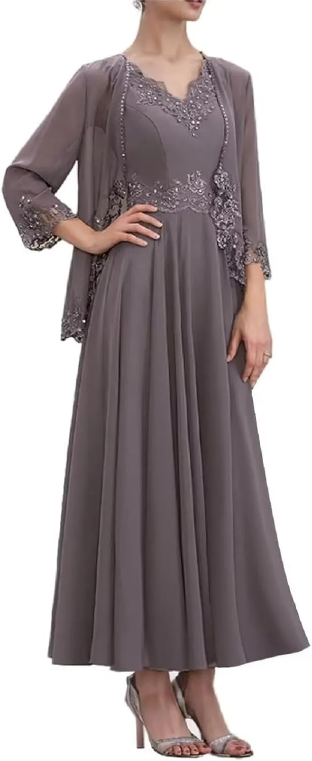 3/4 Sleeve Mother of The Bride Dresses with Jackets Beaded Sequin Lace Chiffon Formal Wedding Guest Dress