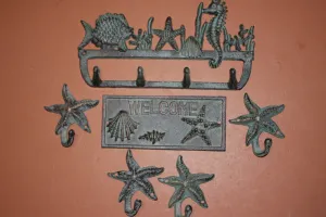 6) Nautical Welcome Plaque Entryway Coat Wall Hooks Set of 6, Ocean Starfish Seahorse Wall Hooks, Bronze Look Cast Iron, Sea Breeze