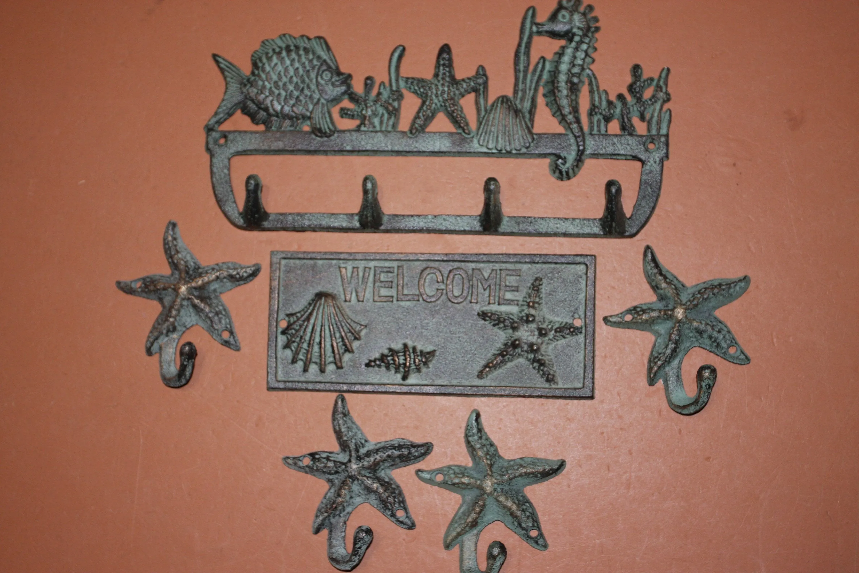 6) Nautical Welcome Plaque Entryway Coat Wall Hooks Set of 6, Ocean Starfish Seahorse Wall Hooks, Bronze Look Cast Iron, Sea Breeze