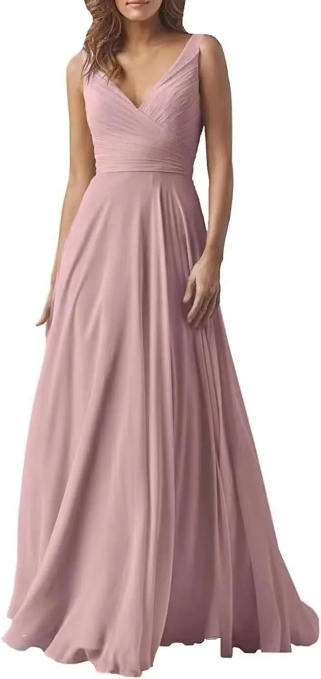 A Line Pleated Chiffon Bridesmaid Dresses Straps for Women, V Neck Prom Dresses Sleeveless Long Evening Dresses
