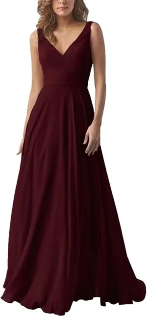 A Line Pleated Chiffon Bridesmaid Dresses Straps for Women, V Neck Prom Dresses Sleeveless Long Evening Dresses