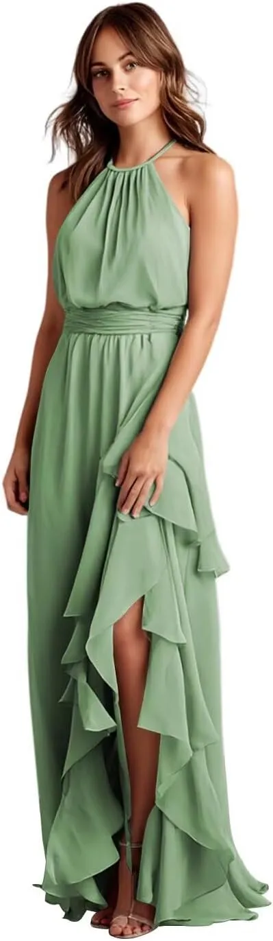 A-Line Ruffle Chiffon Bridesmaid Dress with Slit Long Pleated Formal Dresses for Women AU130