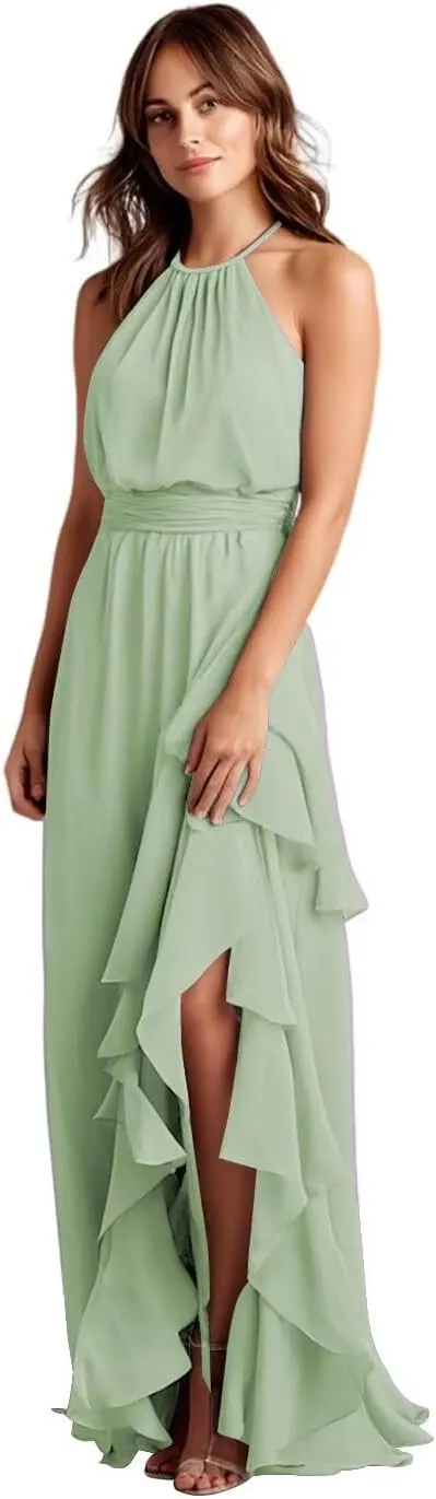 A-Line Ruffle Chiffon Bridesmaid Dress with Slit Long Pleated Formal Dresses for Women AU130
