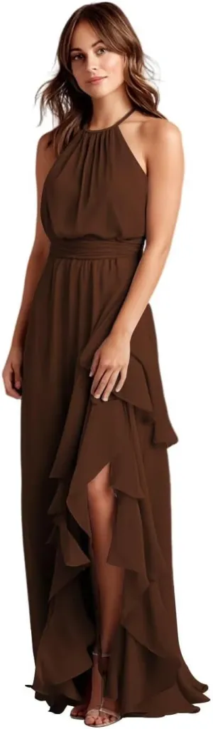 A-Line Ruffle Chiffon Bridesmaid Dress with Slit Long Pleated Formal Dresses for Women AU130