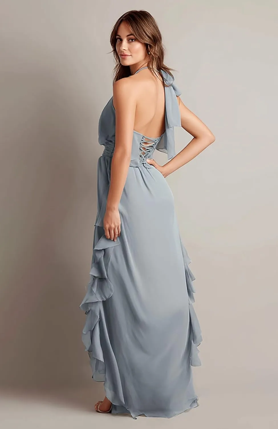 A-Line Ruffle Chiffon Bridesmaid Dress with Slit Long Pleated Formal Dresses for Women AU130