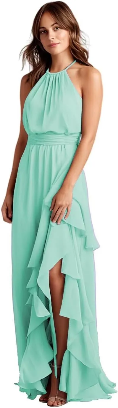 A-Line Ruffle Chiffon Bridesmaid Dress with Slit Long Pleated Formal Dresses for Women AU130
