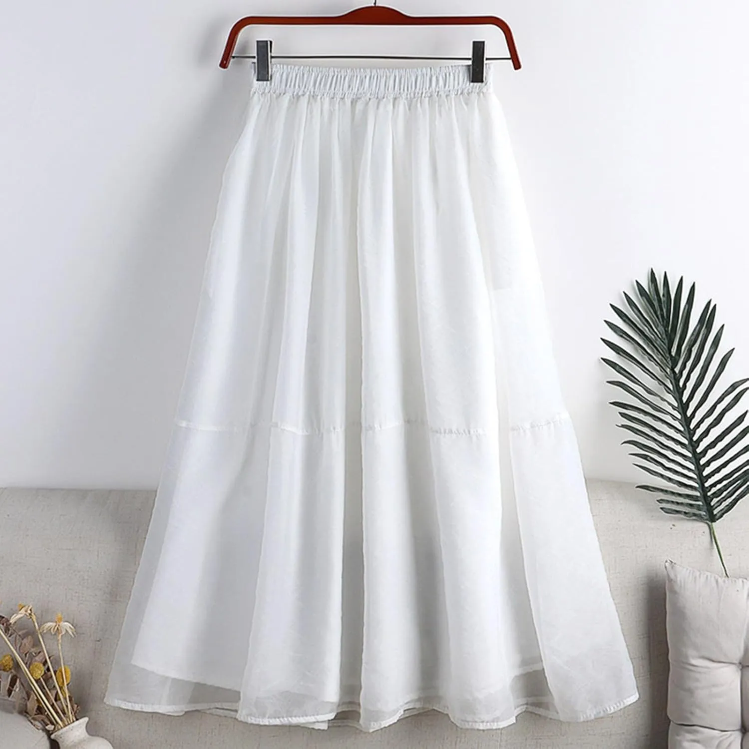 A Line Skirt Women Pleated Layered Skirts Casual Tulle Skirt Flowy Long Skirts High Waist Midi Skirt with Pockets