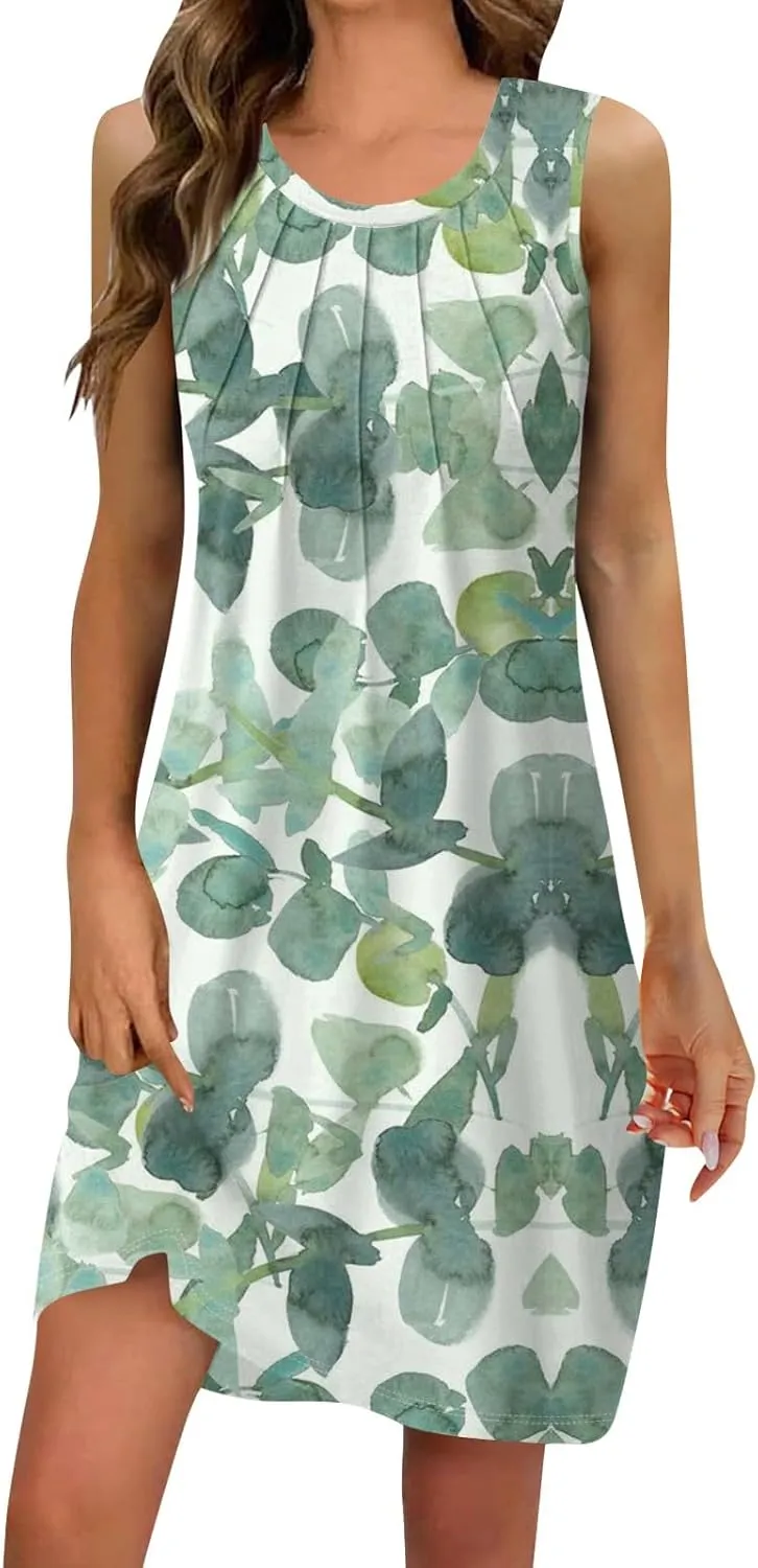 ADHOWBEW Summer Dresses for Women 2025 Casual Round Neck Plus Size Flowy Sexy Vacation Sleeveless Dresses