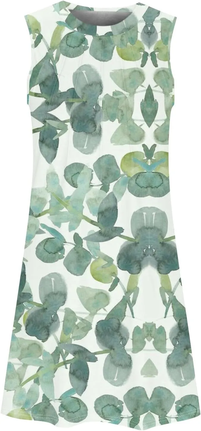 ADHOWBEW Summer Dresses for Women 2025 Casual Round Neck Plus Size Flowy Sexy Vacation Sleeveless Dresses
