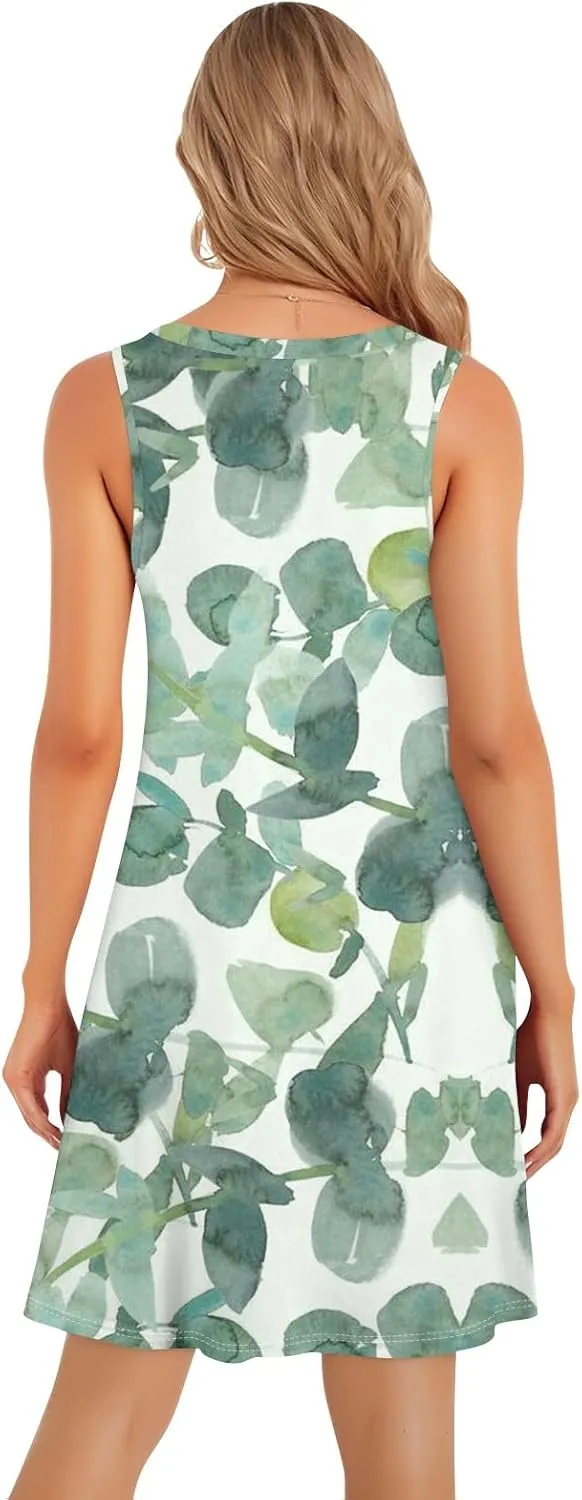 ADHOWBEW Summer Dresses for Women 2025 Casual Round Neck Plus Size Flowy Sexy Vacation Sleeveless Dresses