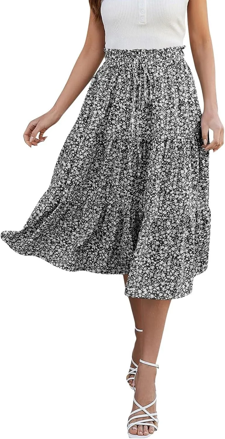ADHOWBEW Summer Skirts for Women 2025 Pleated Casual Elastic Waist Smocked Boho Floral Trendy Vacation Sexy Flowy Skirt