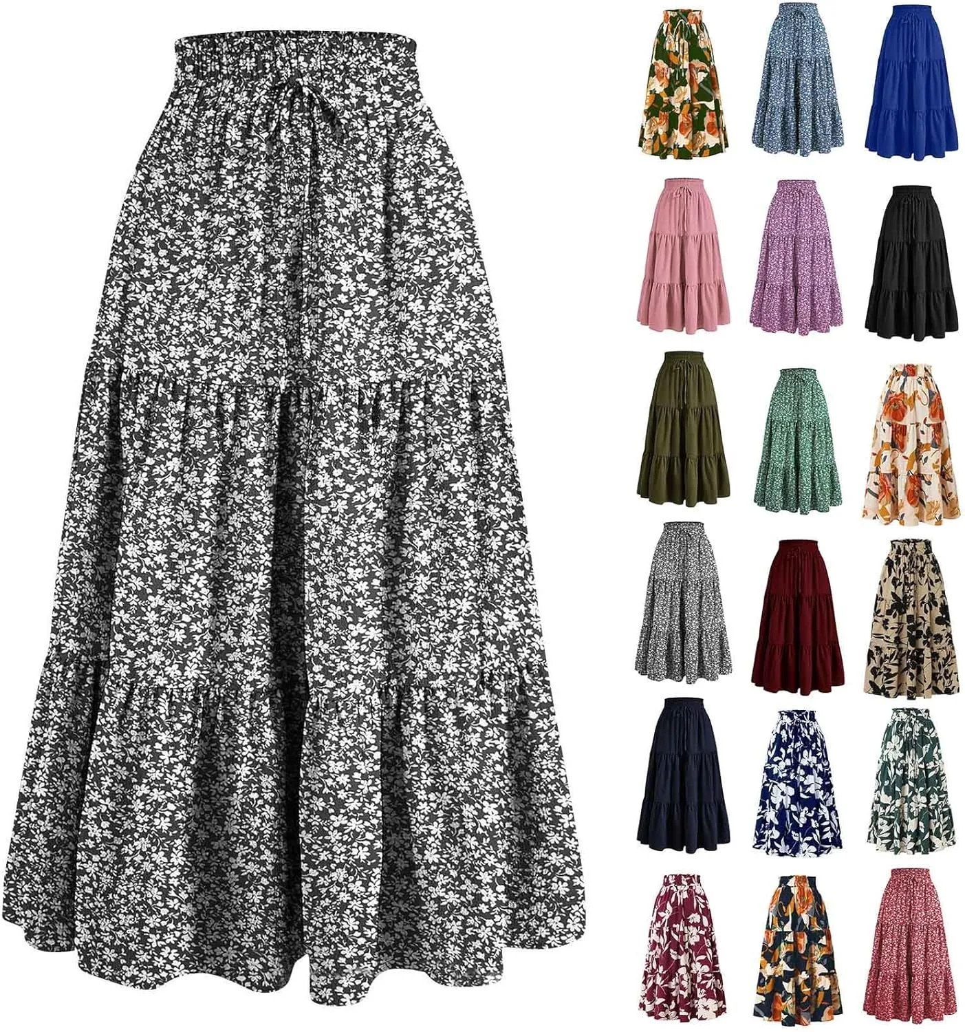 ADHOWBEW Summer Skirts for Women 2025 Pleated Casual Elastic Waist Smocked Boho Floral Trendy Vacation Sexy Flowy Skirt