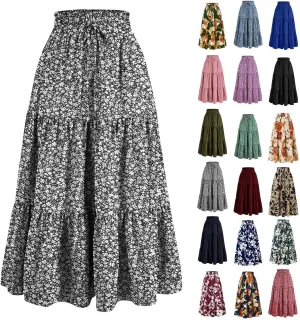 ADHOWBEW Summer Skirts for Women 2025 Pleated Casual Elastic Waist Smocked Boho Floral Trendy Vacation Sexy Flowy Skirt