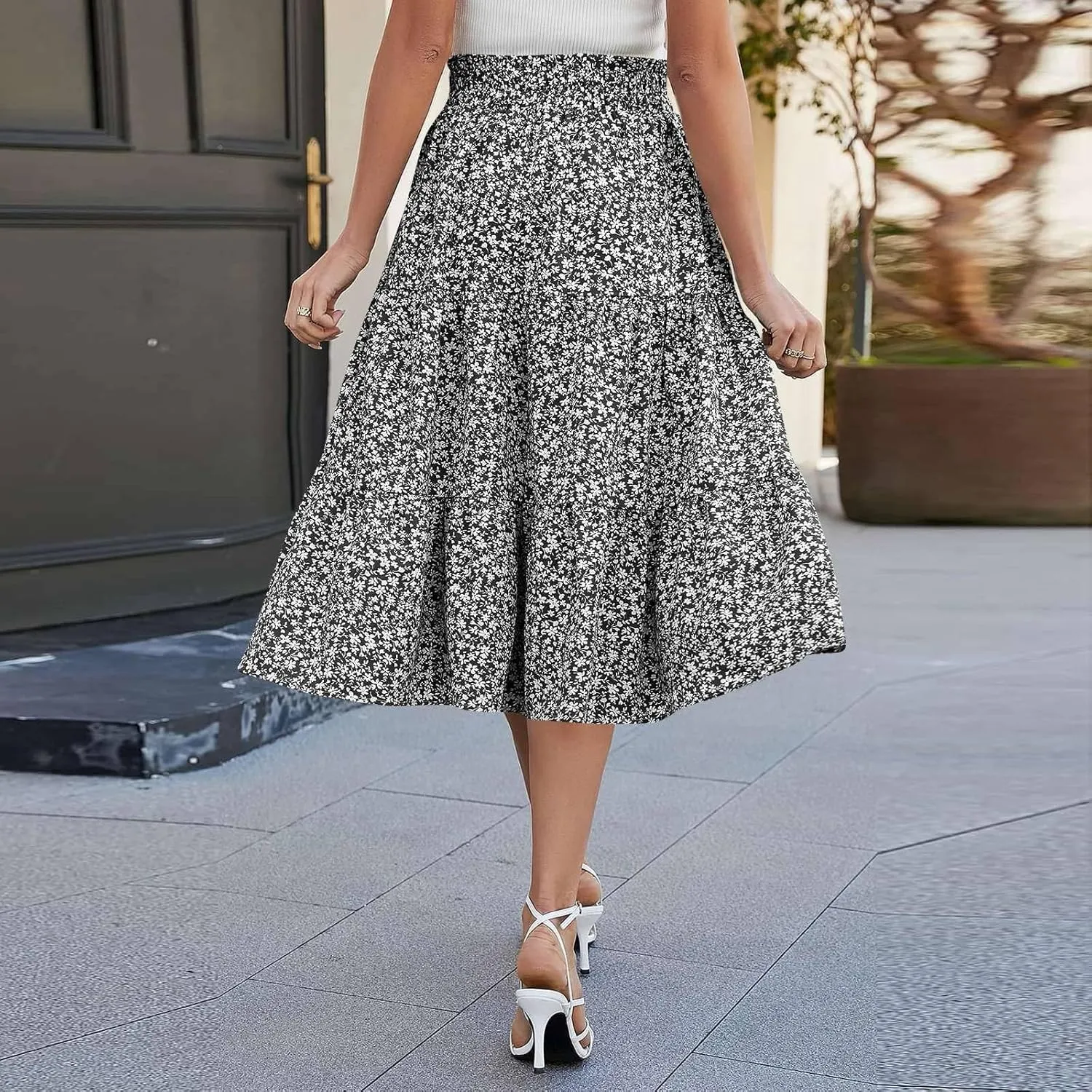 ADHOWBEW Summer Skirts for Women 2025 Pleated Casual Elastic Waist Smocked Boho Floral Trendy Vacation Sexy Flowy Skirt