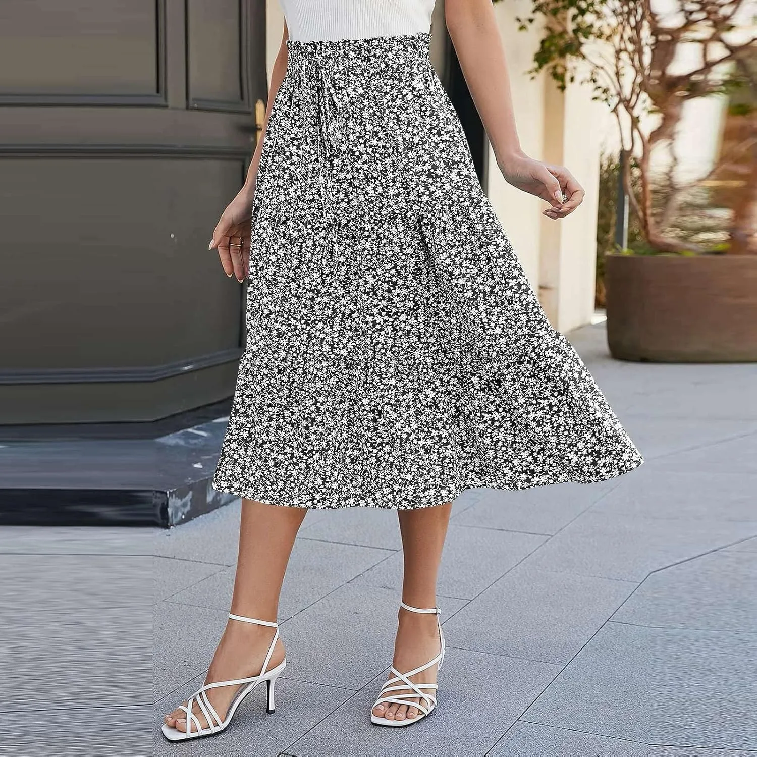 ADHOWBEW Summer Skirts for Women 2025 Pleated Casual Elastic Waist Smocked Boho Floral Trendy Vacation Sexy Flowy Skirt