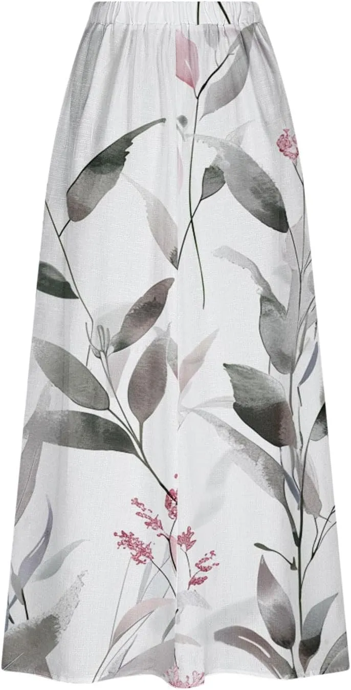 Akklian Flowy Skirts for Women Fashion Boho Floral Print Midi Skirt Flare Pleated Gradient A Line Summer Skirt with Pocket