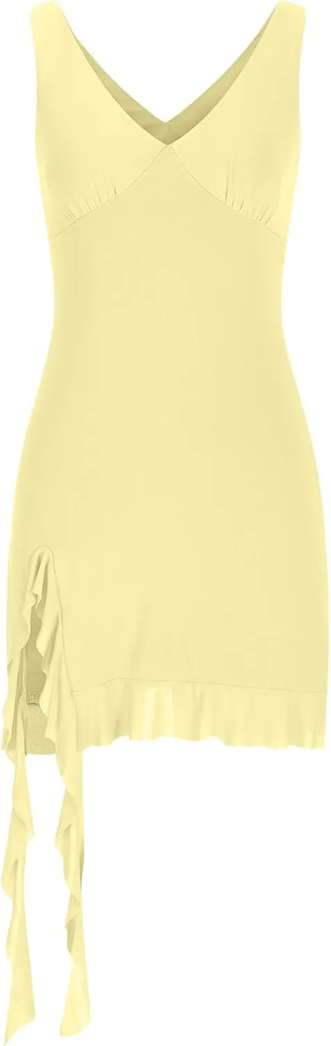 Akklian Womens Summer Dresses Sexy Slit Bodycon Dresses V Neck Backless Y2K Ruffle Trim Fringe Cocktail Party Club Mini Dress