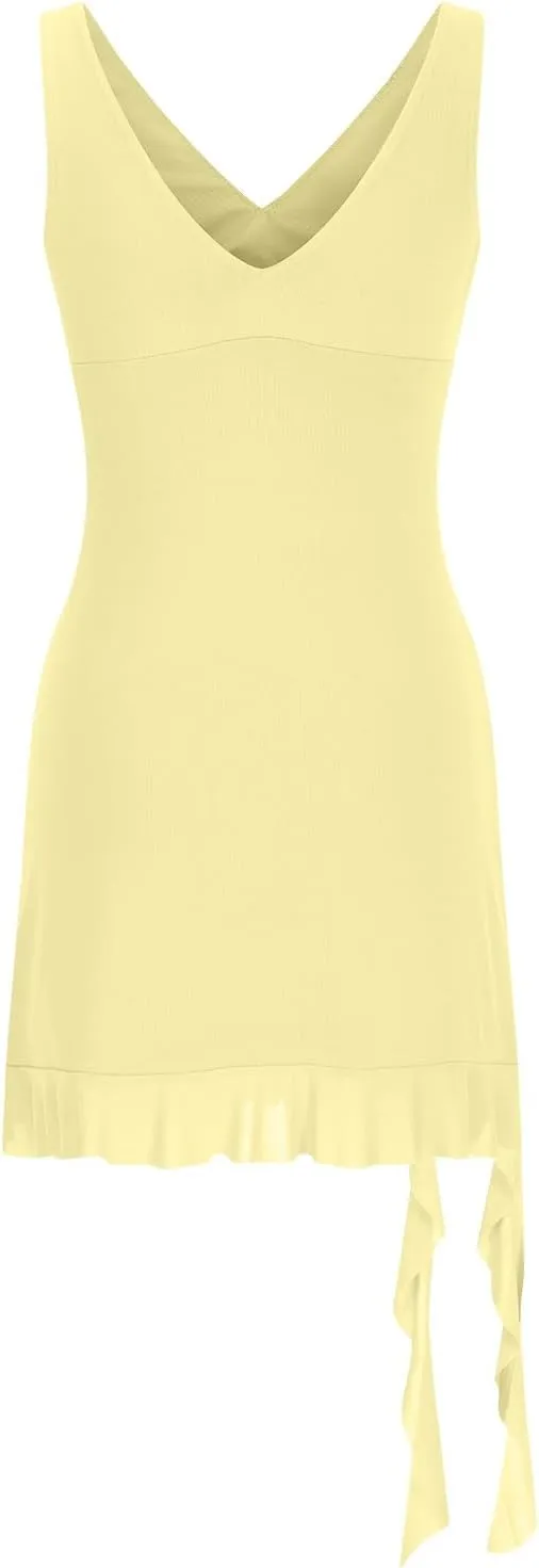 Akklian Womens Summer Dresses Sexy Slit Bodycon Dresses V Neck Backless Y2K Ruffle Trim Fringe Cocktail Party Club Mini Dress