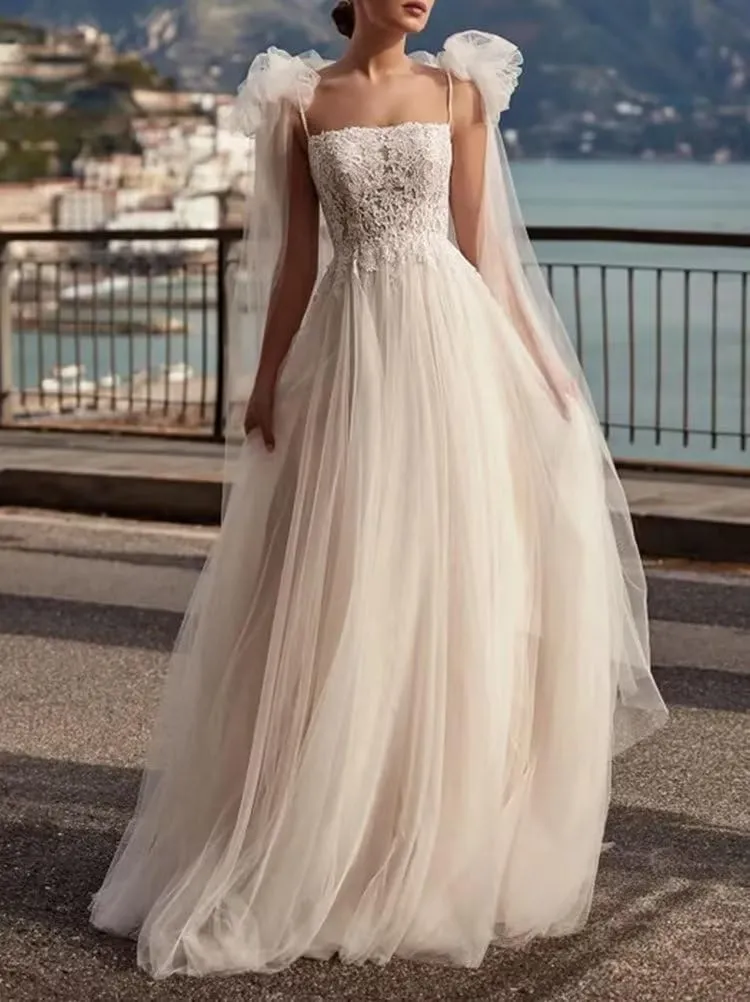 ALFEICE Long Sleeves Chiffon Wedding Dresses for Bride Off Shoulder Beach Wedding Bridal Gowns for Women