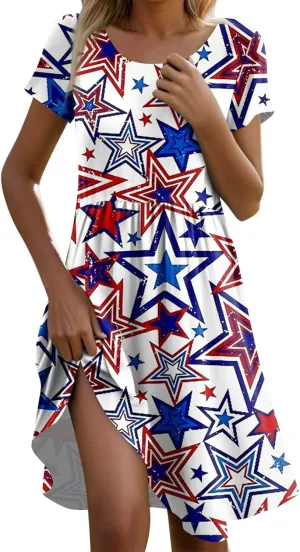 American Flag Dress for Women Independence Day Round Neck Loose Fit Midi Elegant Holiday Party Cocktail with Pockets