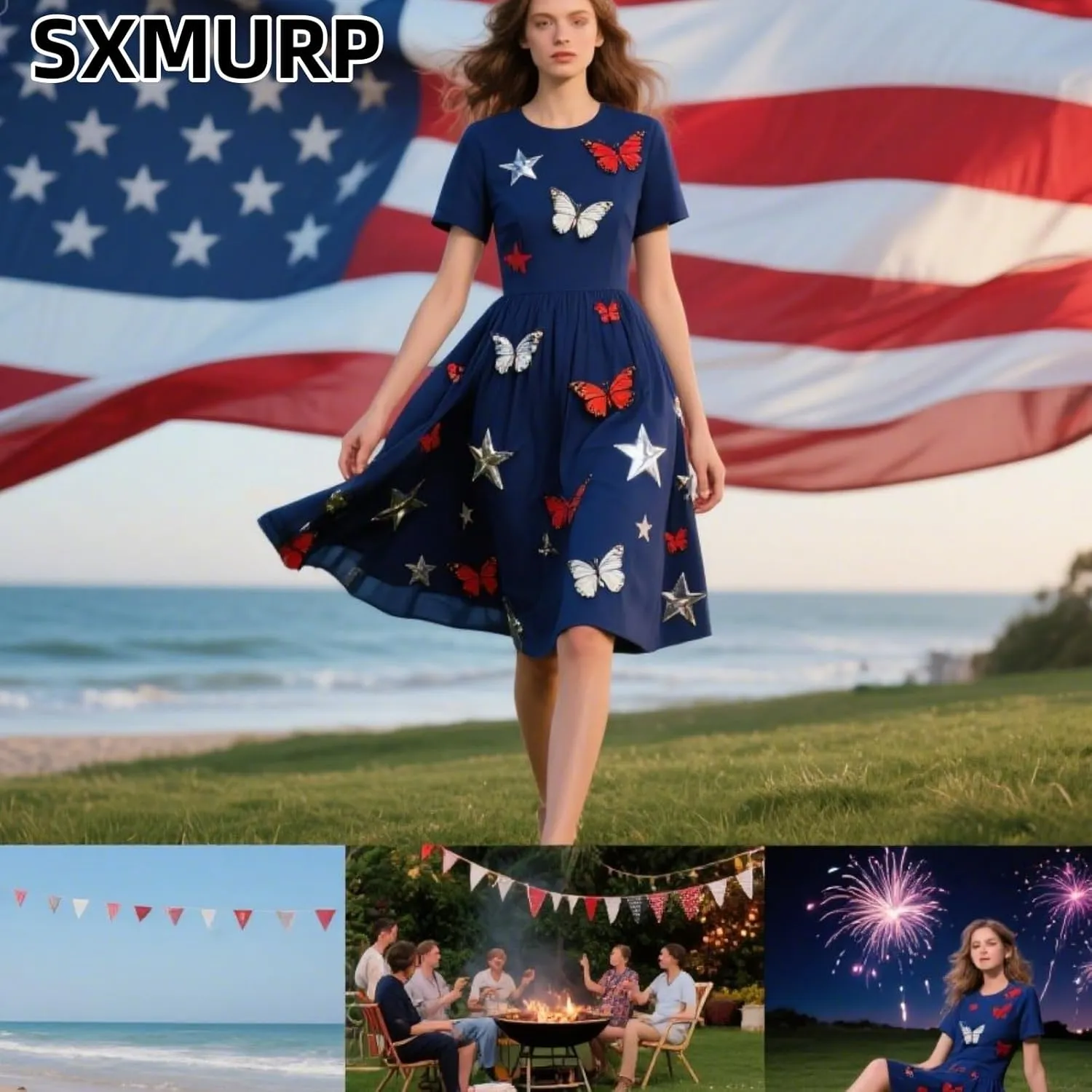 American Flag Dress for Women Independence Day Round Neck Loose Fit Midi Elegant Holiday Party Cocktail with Pockets