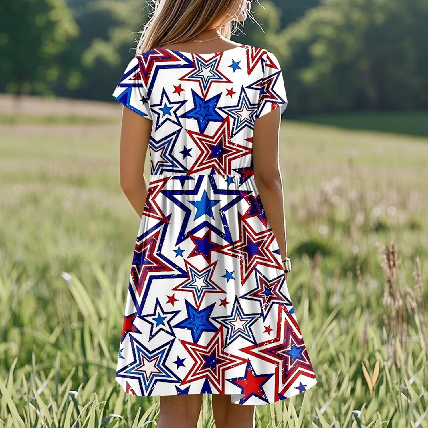 American Flag Dress for Women Independence Day Round Neck Loose Fit Midi Elegant Holiday Party Cocktail with Pockets