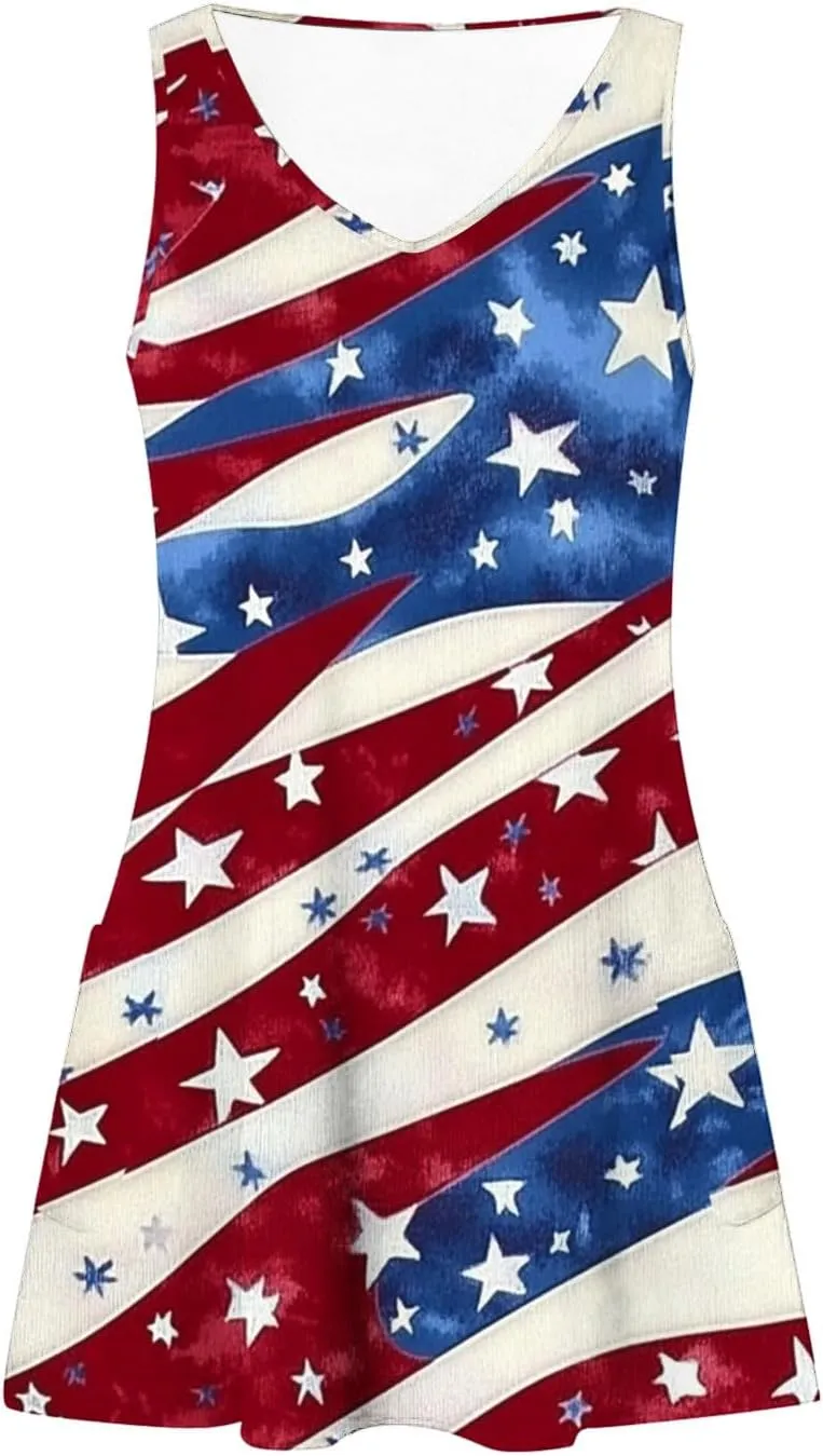 American Flag Dress Women 4th of July Patriotic Sundresses Crew Neck Sleeveless Stars Stripes Mini Dress with Pocket