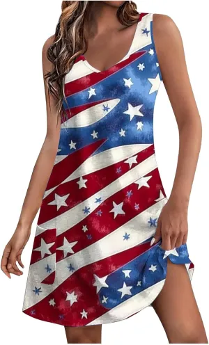 American Flag Dress Women 4th of July Patriotic Sundresses Crew Neck Sleeveless Stars Stripes Mini Dress with Pocket