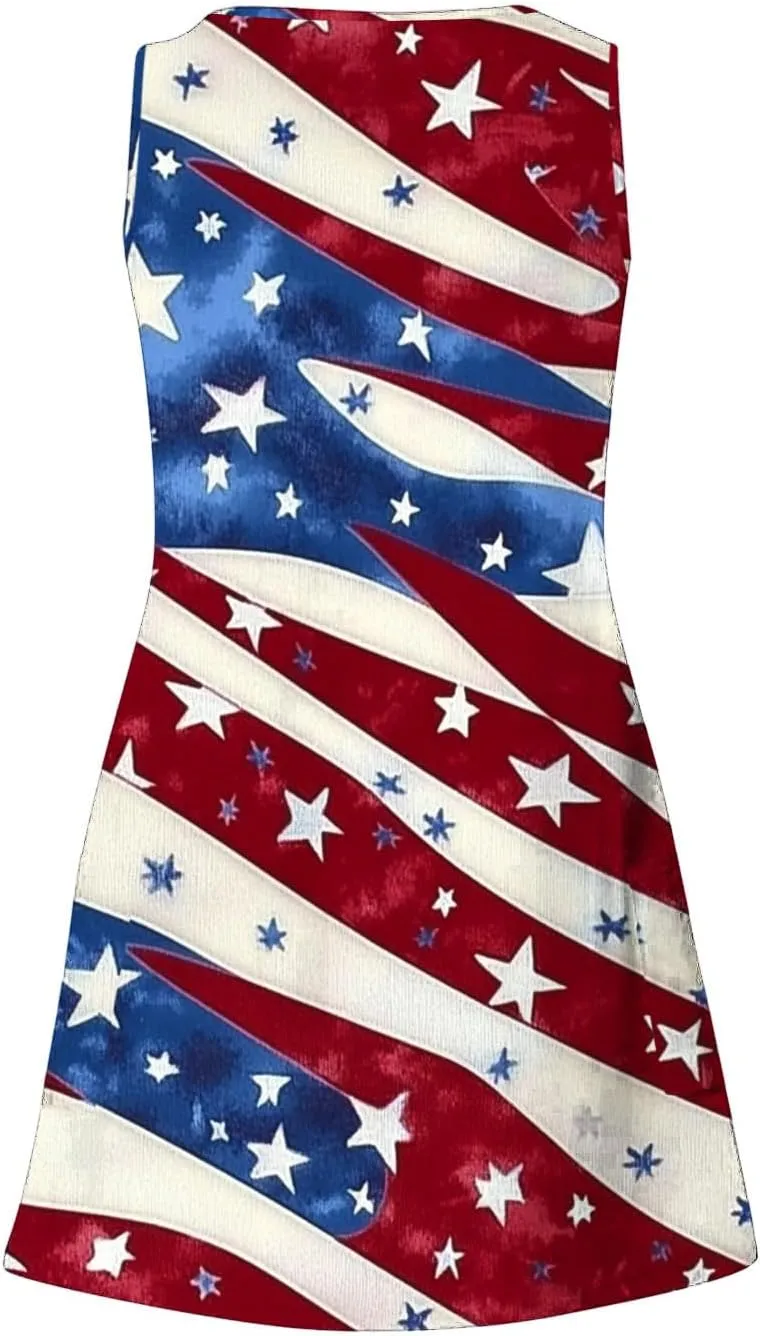 American Flag Dress Women 4th of July Patriotic Sundresses Crew Neck Sleeveless Stars Stripes Mini Dress with Pocket