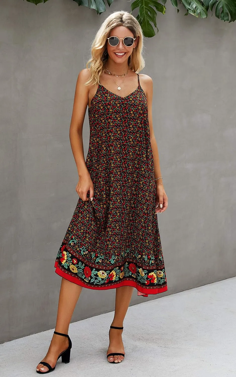 Angashion Women's Dresses Floral Adjustable Spaghetti Strap V Neck Boho Long Maxi Dress Summer Beach Flowy Ethnic Sundress