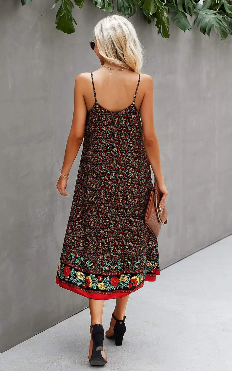 Angashion Women's Dresses Floral Adjustable Spaghetti Strap V Neck Boho Long Maxi Dress Summer Beach Flowy Ethnic Sundress
