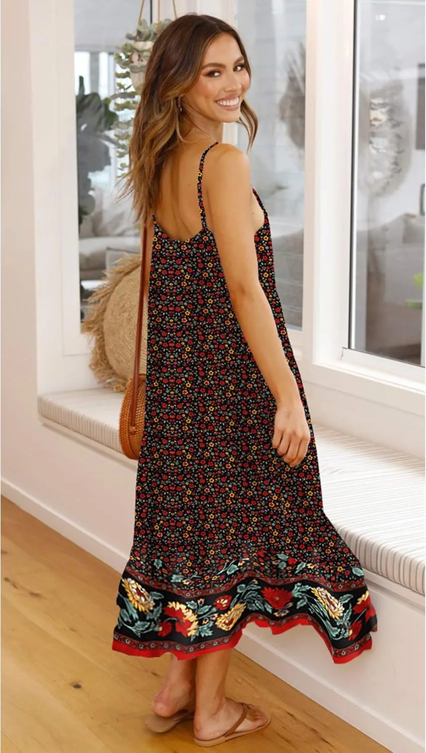 Angashion Women's Dresses Floral Adjustable Spaghetti Strap V Neck Boho Long Maxi Dress Summer Beach Flowy Ethnic Sundress