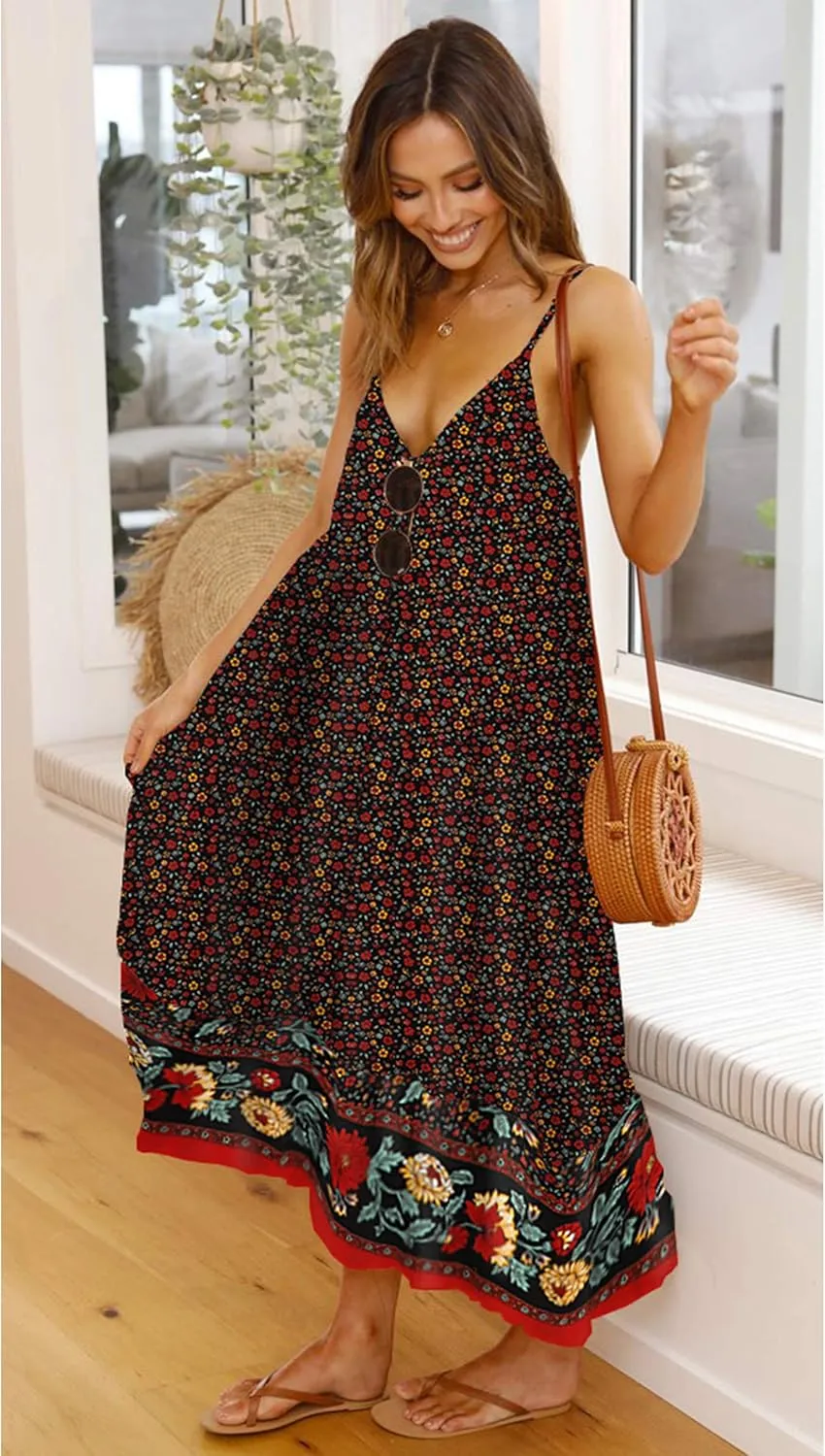 Angashion Women's Dresses Floral Adjustable Spaghetti Strap V Neck Boho Long Maxi Dress Summer Beach Flowy Ethnic Sundress