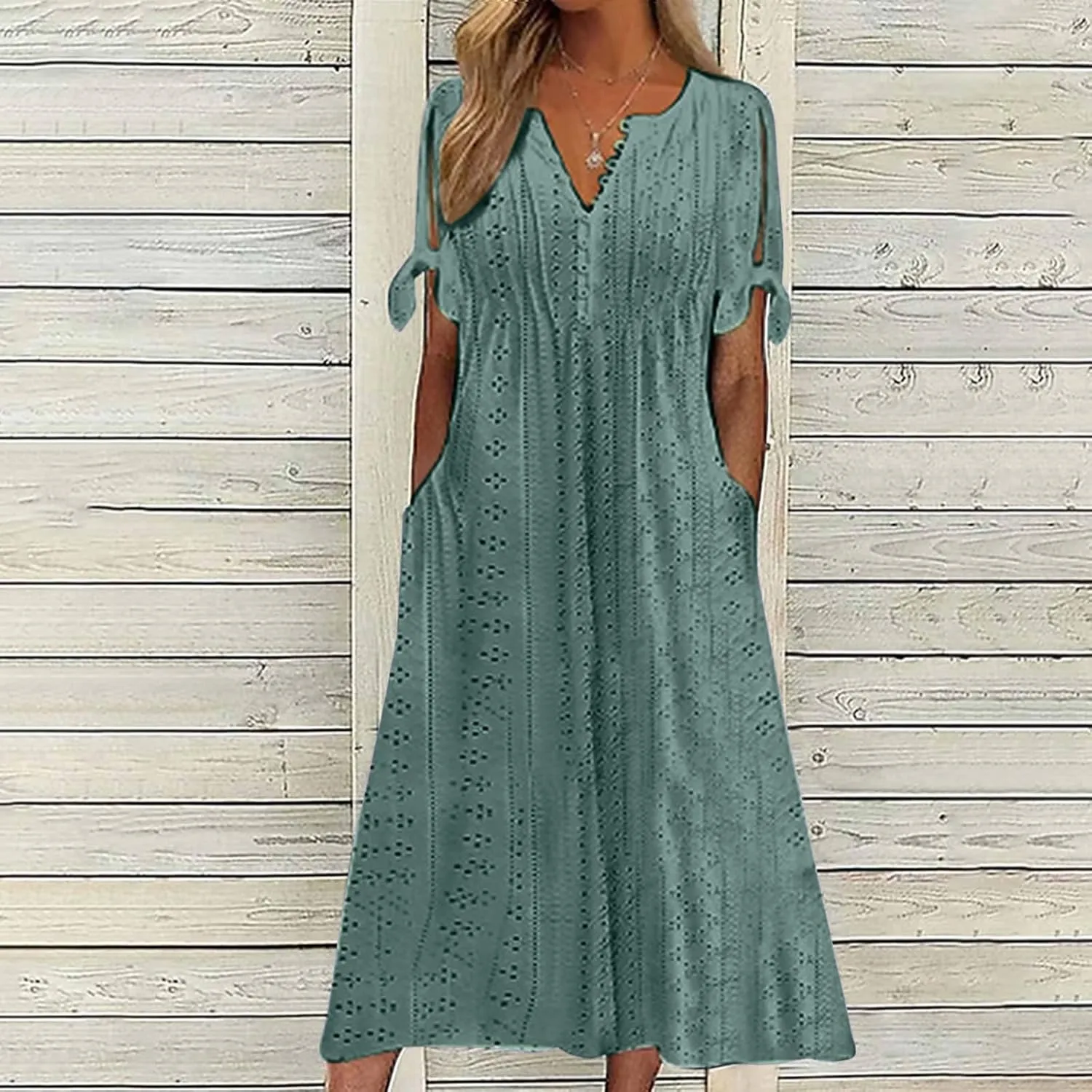 Aniywn Casual Sundresses for Women 2025 Trendy Short Sleeve Eyelet Flowy Tshirt Dress Casual Summer Beach Vacation Sundress
