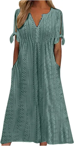 Aniywn Casual Sundresses for Women 2025 Trendy Short Sleeve Eyelet Flowy Tshirt Dress Casual Summer Beach Vacation Sundress