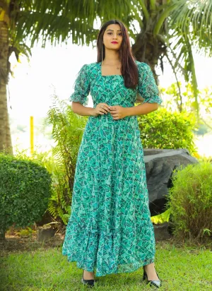 Aqua Green Elegant Georgette Maxi Dress with Ruffle Flair