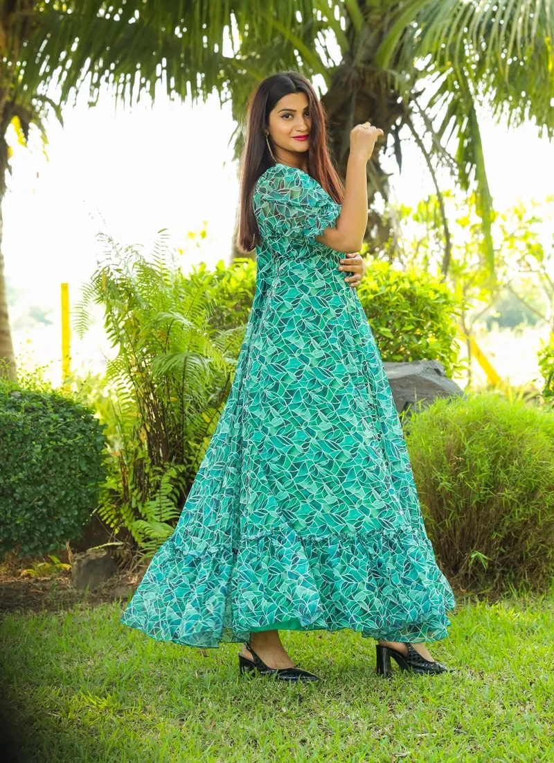 Aqua Green Elegant Georgette Maxi Dress with Ruffle Flair