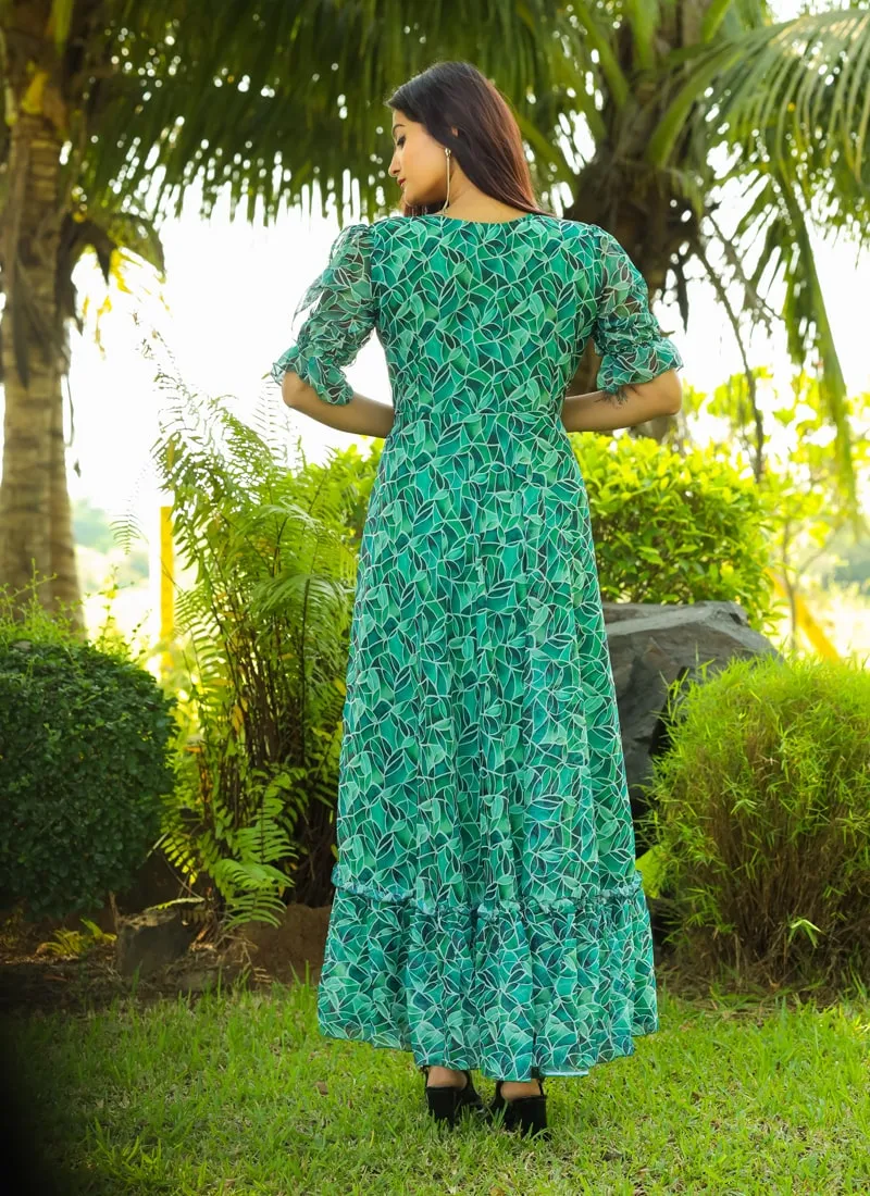Aqua Green Elegant Georgette Maxi Dress with Ruffle Flair