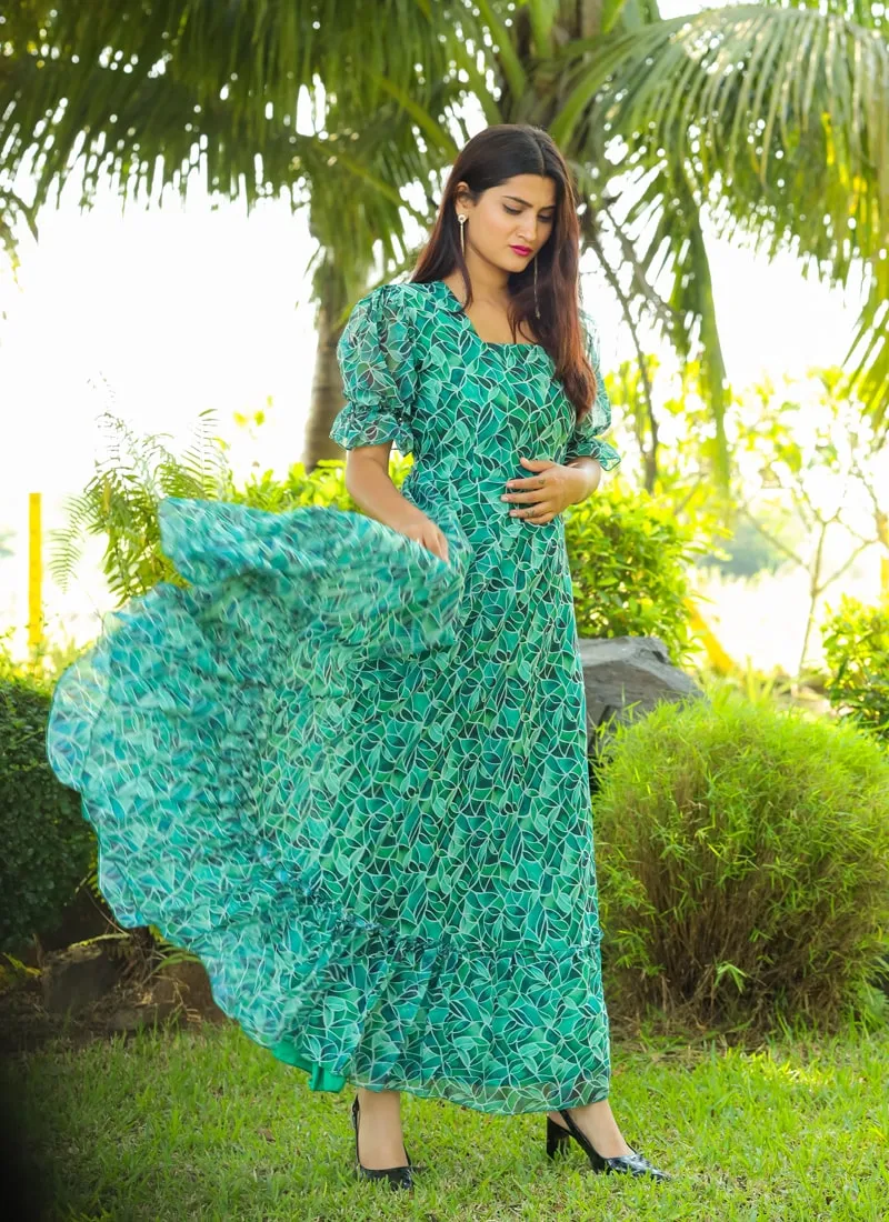 Aqua Green Elegant Georgette Maxi Dress with Ruffle Flair