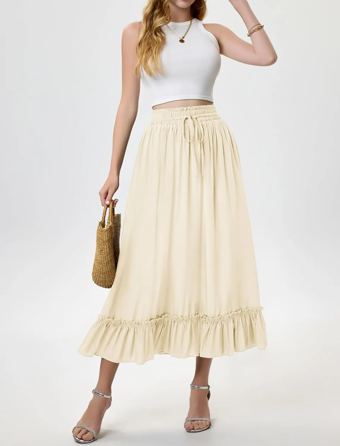 Arolina Womens Summer Boho Flowy Tiered Maxi Skirt 2025 Fashion Elastic Waist Pleated Long Beach Dress with Pockets